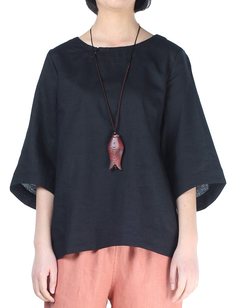 Minibee Women's Linen Blouse Round Neck 3/4 Sleeve Shirt Tops with Chinese Frog Button Black XL - Image 1